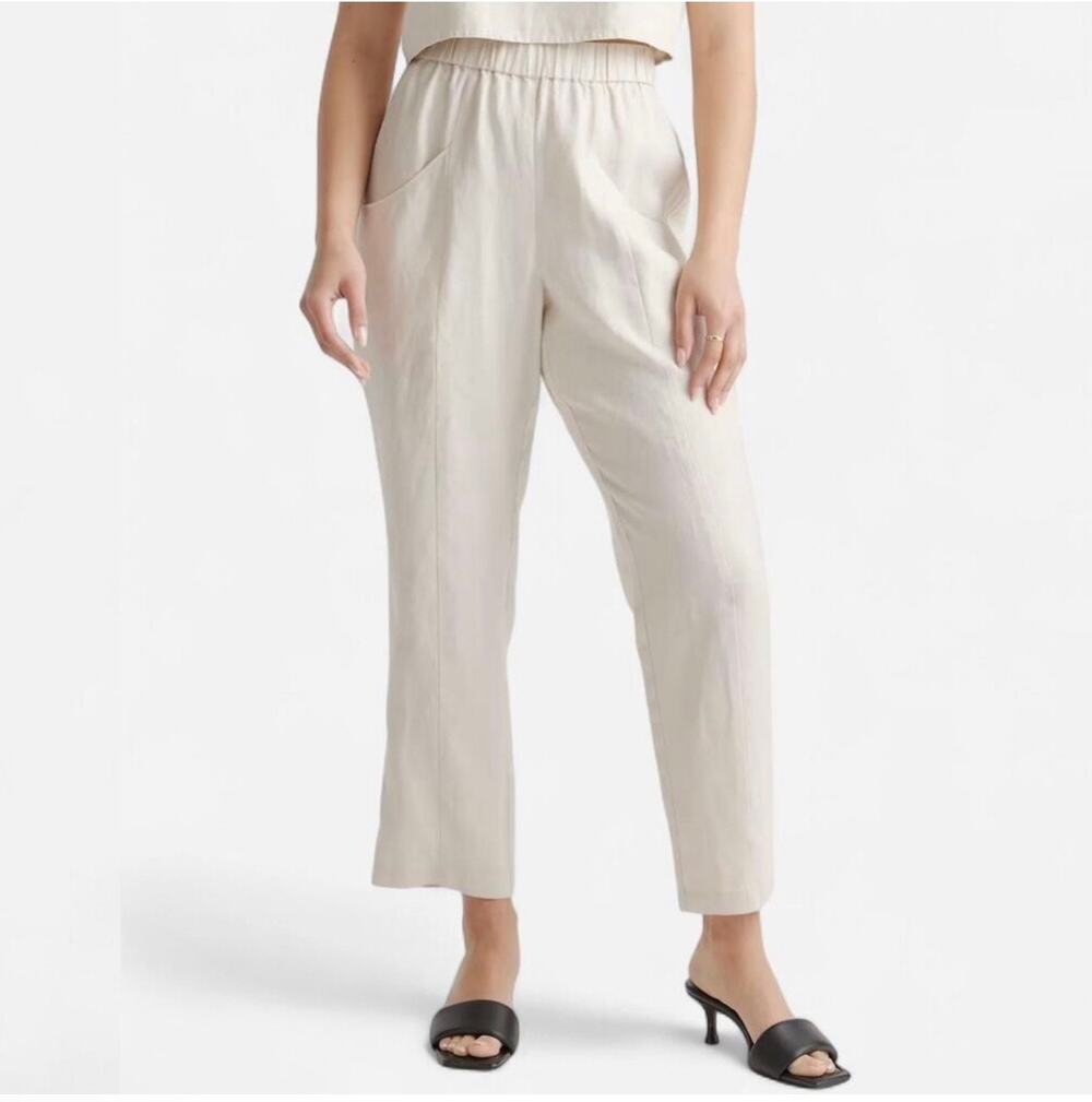 Quince Pants Womens Medium Cream 100% Linen Cream Tapered Pull On Neutral Light